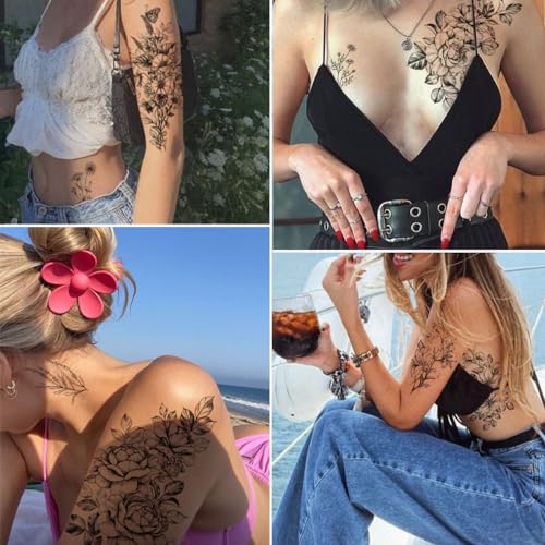 CHARLENT 23 Sheets Black Flower Temporary Tattoos For Women Girls - Waterproof Realistic Sexy Rose Orchid Tiny Branch Sketch - Image 2