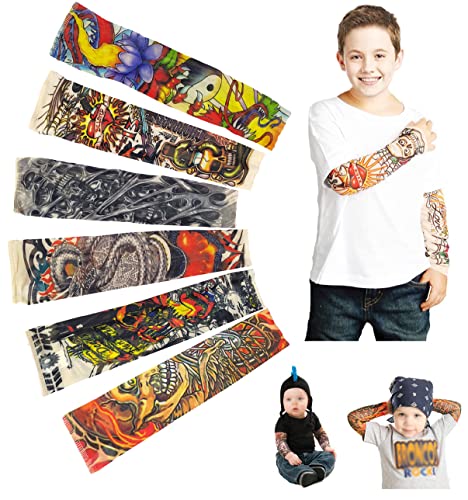 Temporary Tattoo Sleeves for Kids 6pcs, Sunscreen, Eagle Skull Dragon Clown Snake