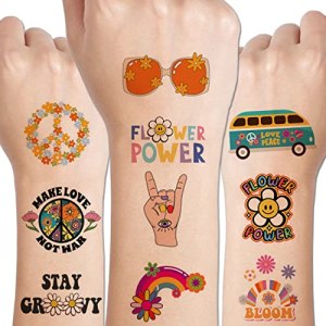 CHARLENT Hippie Temporary Tattoos for Kids - 79 PCS Groovy 70s Flower Power Peace and Love Tattoos