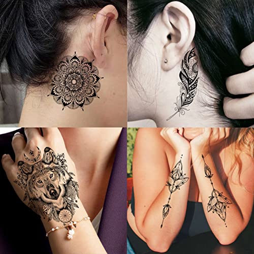 Unique Black Henna Temporary Tattoo Stickers For Adults Women Girls Feather Mandala Flower - Image 3