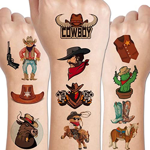 CHARLENT Cowboy Temporary Tattoos for Kids - 100 PCS Western Cowboy Tattoos for Boys Birthday Party Favors
