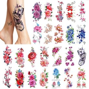 PHOGARY 24 pieces Women Temporary Tattoos, Large Flowers, Bright Colored, Waterproof