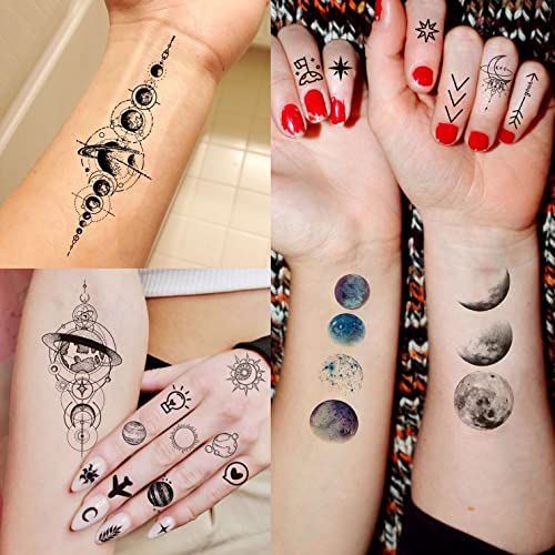 28 Sheets Outer Space Temporary Tattoos For Kids Women Men, 3D Fake Realistic Star Sun Moon Tattoo Stickers Boys Girls, 3.9x2.3 Inch (Pack of 8) - Image 3