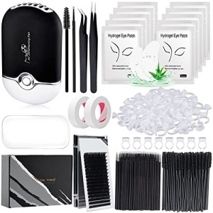 Eyelash Extension Supplies Kit with Lash Extension 0.07D Curl Mix 7-15mm, USB Fan, Gel Pads, Tweezers