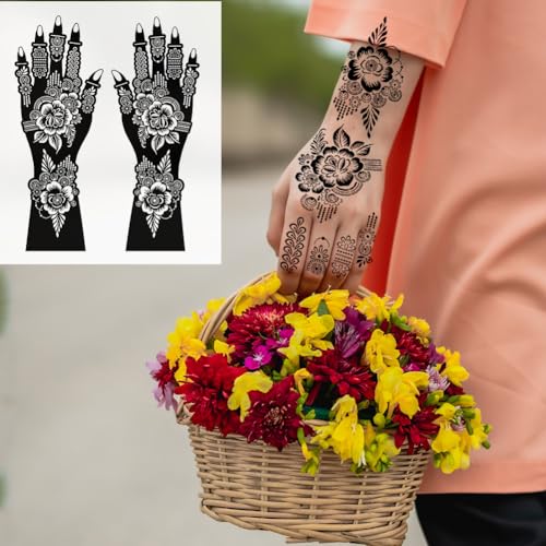 QSTOHENA Large Henna Tattoo Stencil Kit for Full Hands,Temporary Tattoo Templates for Girls Woman Body Art,Forearm Indian Arabian Glitter Airbrush Tattoo Stickers(12 Sheets) - Image 3