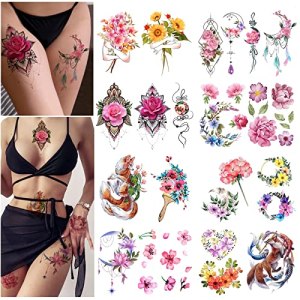 Roarhowl 60 Pattern Color Temporary Tattoos for Women Sexy Beautiful Flower 16 Sheets 4.72x6.69 Inch