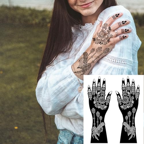 QSTOHENA Large Henna Tattoo Stencil Kit for Full Hands,Temporary Tattoo Templates for Girls Woman Body Art,Forearm Indian Arabian Glitter Airbrush Tattoo Stickers(12 Sheets) - Image 2