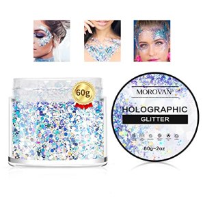 Morovan Holographic Silver Body Glitter Powder Festival Makeup Rave Eyeshadow Lip Gloss Nails (60g)