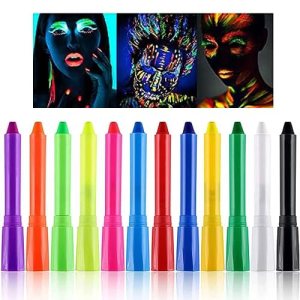 Luminous Face Body Paint Crayons, 12 Colors UV Glow in The Dark Fluorescent Washable Non-Toxic