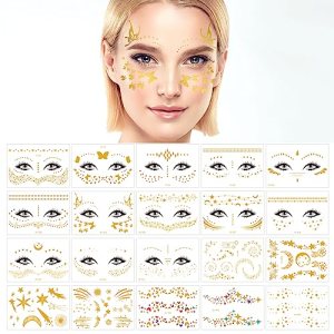 20 Sheets Face Tattoo Stickers, Waterproof Metallic Temporary Tattoo Stickers for Women Girls