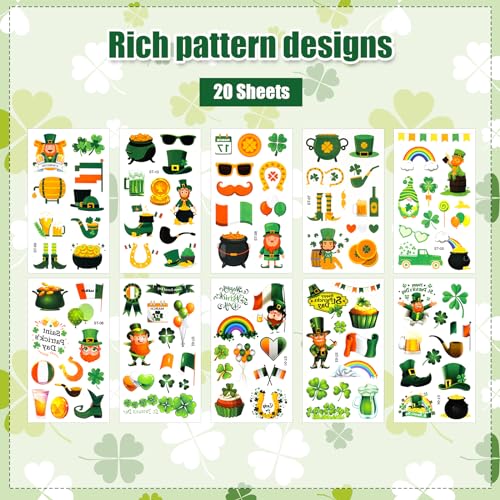 St Patricks Day Tattoos for Kids, Adults - 20 Sheets Shamrock Clover Face Stickers - Image 2