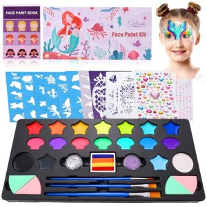 Creamify 18 Colors Face Paint Kit Professional Non-Toxic Sensitive Skin Halloween Makeup Mermaid Glitters Rainbow Split Cake 67 Stencils