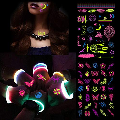 HOWAF 8 Large Sheets Neon Temporary Tattoos, 100+ Shimmer Designs Glow UV Neon Body Face Skin Tattoo - Image 3