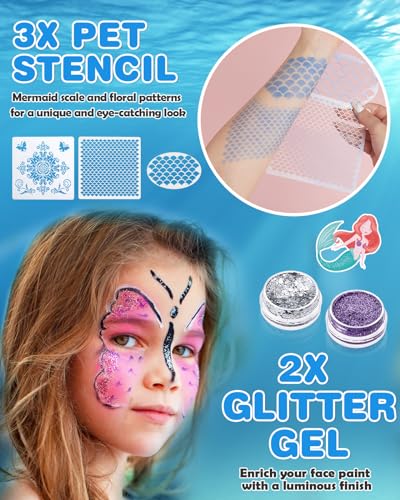 Creamify 18 Colors Face Paint Kit Professional Non-Toxic Sensitive Skin Halloween Makeup Mermaid Glitters Rainbow Split Cake 67 Stencils - Image 3