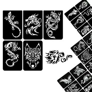 32 Sheet DIY Airbrush Tattoo Stencils for Men, Dragon Wolf Glitter