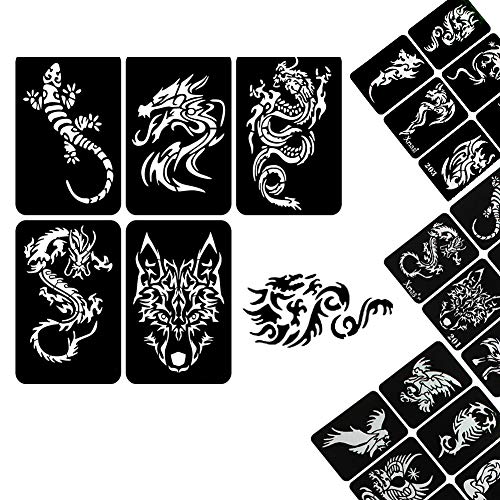 32 Sheet DIY Airbrush Tattoo Stencils for Men, Dragon Wolf Glitter