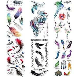 Watercolor Feather Bird Temporary Tattoo 6 Sheets 3.54x7.48 Inches