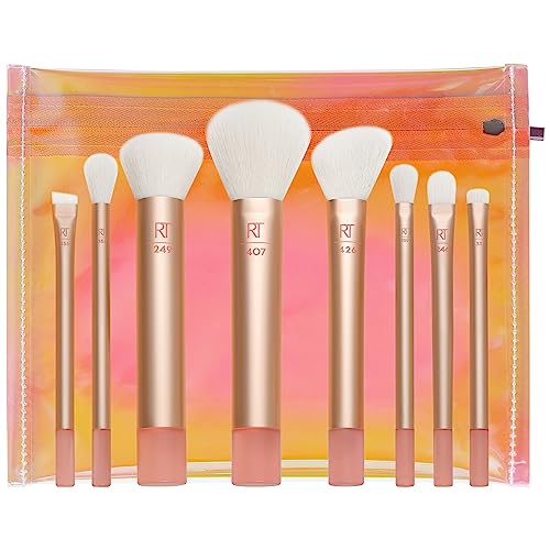 Real Techniques Wanderer Makeup Brush Kit, 9 Piece Set, Gold, Professional Brushes for Foundations, Powders, and Concealers