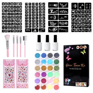 Temporary Glitter Tattoo Kit for Kids, Multicolored 24 Glitter Colors 187 Tattoo Stencils 5 Brushes