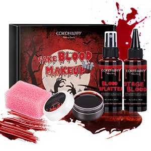 Halloween Fake Blood SFX Makeup Kit for Face Body Coagulated Blood + Bright Blood Spray + Dark Dripping Stage Blood + Stipple Sponge