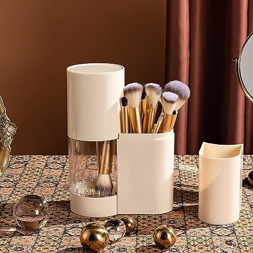 Hiceeden 3in1 Makeup Brush Holder with Lid, 7 Holes, Cleaner, Air Drying Rack, Waterproof, Beige - Image 5