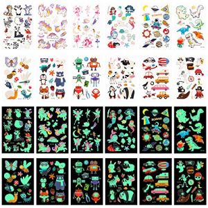 Taicanon 12 Sheets 135pcs Glow In The Dark Mixed Style Cartoon Temporary Tattoos for Kids