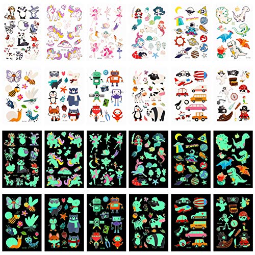 Taicanon 12 Sheets 135pcs Glow In The Dark Mixed Style Cartoon Temporary Tattoos for Kids