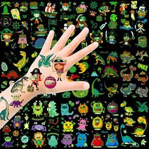 HOWAF 14 Sheets Glow in The Dark Temporary Tattoos for Kids, Dinosaur Pirate Monster, Halloween Christmas Birthday Party Supplies