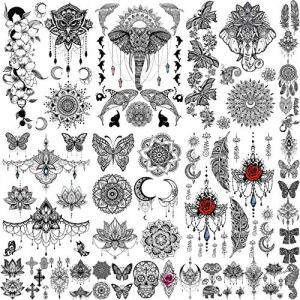 EGMBGM 28 Sheets Tribal Henna Temporary Tattoos - Elephant Ganesha Lace Mehndi Hena Tattoo Kits