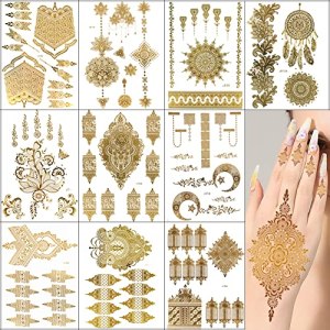PPVWEY 10 Sheets Flash Gold Temporary Tattoo Sticker Metallic Tattoo Stikers Waterproof Glitter (Golden)