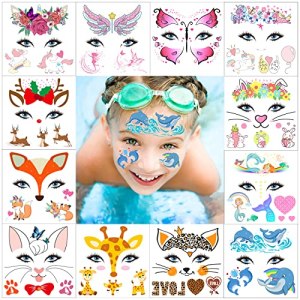 SuyuanArt Kids Animal Face Tattoo Face Painting Party Favors, 12 Pack Giraffe, Rabbit, Unicorn and Mermaid Temporary Face Paint Tattoos for Girls Boys
