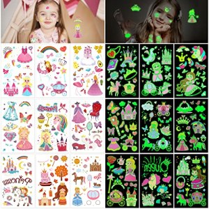Girls Princess Glow In The Dark Tattoos, Luminous Temporary Stickers, 18 Sheets