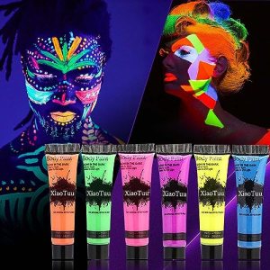 Glow in Dark Face Body Paint Set, 6Pcs, Neon Fluorescent, Halloween, Christmas