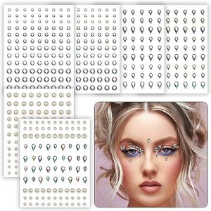 6 Sheets Face Gems, Round, Drop-Shaped Face Gems Pearl Stickers Self-adhesive Rhinestones for Makeup