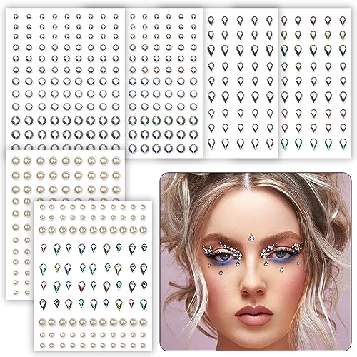 6 Sheets Face Gems, Round, Drop-Shaped Face Gems Pearl Stickers Self-adhesive Rhinestones for Makeup