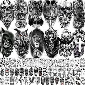 Yezunir 63 Sheets Black Wolf Tiger Lion Temporary Tattoos For Women Men Kids Arm Sleeve, Halloween Scary Skull Skeleton Fake Tattoo Stickers Adults