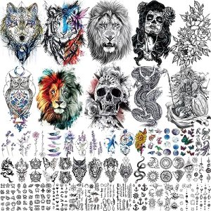 EGMBGM 43 Sheets Large Armband Tiger Skull Temporary Tattoos Nontoxic Waterproof