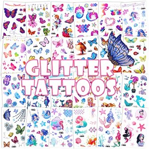 Konsait Glitter Butterfly Mermaid Fairy Flowers Tattoo Stickers for Kids 24 Sheets