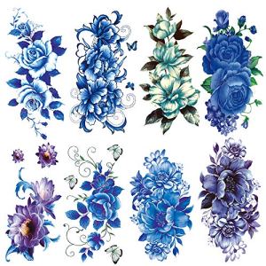 Blue Rose Flowers Temporary Tattoos for Women Sexy 8 Pcs, Waterproof