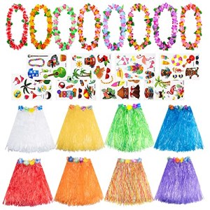 Hawaiian Grass Skirt Set with Leis and Tattoo Stickers for Hawaiian Beach BBQ Party