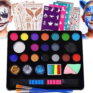 BADCOLOR Professional 18-Color Face Painting Kit for Kids - Glitters, Brushes, Hair Chalks, Stencils