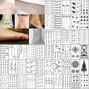 Everjoy Realistic Tiny Temporary Tattoos - 60 Pcs, Waterproof Quotes, Words, Lines, Flowers, Leaves, Artworks for Kids, Adults, Women and Men