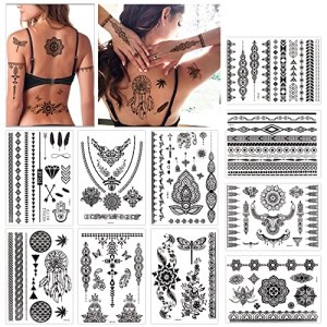Konsait 10 Sheets Henna Temporary Tattoo Black Art Stickers Lace Mehndi Body Transfers