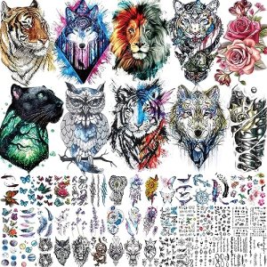 Bilizar 56 Sheets Watercolor Owl Tiger Lion Temporary Tattoos 3D Long Lasting Realistic Fake Tattoo Sleeve Stickers