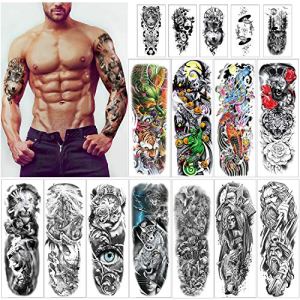 HOWAF 16 Sheets Large Full Arm Temporary Tattoo Sleeve Lion Tiger Wolf Rose Pumpkin Skull Arm Chest Shoulder Tattoo Black Stickers for Man Women Adults