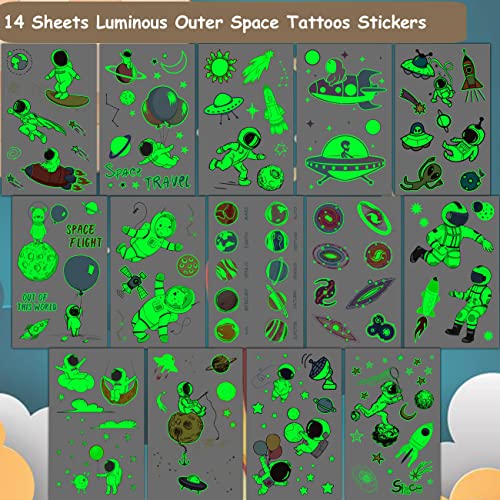 CHARLENT Luminous Space Tattoos for Kids - 14 Sheets Glow in The Dark Astronaut Spaceship Planet Temporary Tattoos for Boys Girls Birthday Party Favors - Image 2