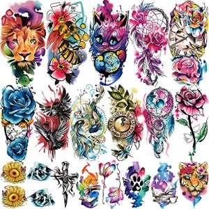 77 Sheets Watercolor Temporary Tattoo, 17 Sheets Half Arm Butterfly Flower Lion Wolf Dream Catcher Fake Tattoos