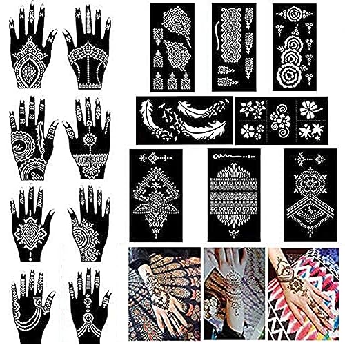 PPVWEY 16 Sheets Henna Temporary Tattoo Stencil Kit, Airbrush Tattoo Sticker Indian Arabian Black Henna Tattoo Temp for Women Kids (16P-2) PPVWEY 16P-2