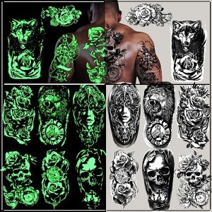 Glow in The Dark Temporary Tattoos, Wolf Tiger Lion Skull Waterproof Fake Tattoo Sticker for Women Men Kids