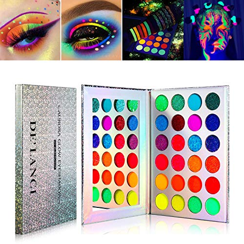 Neon Eyeshadow Glow in the Dark, DE'LANCI Aurora Palette UV Blacklight Matte and Glitter Fluorescent